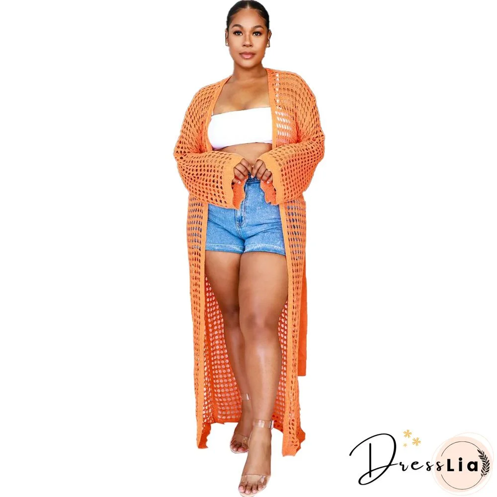 Beachwear Long Sleeve Mesh Grid Cardigan Cover-ups