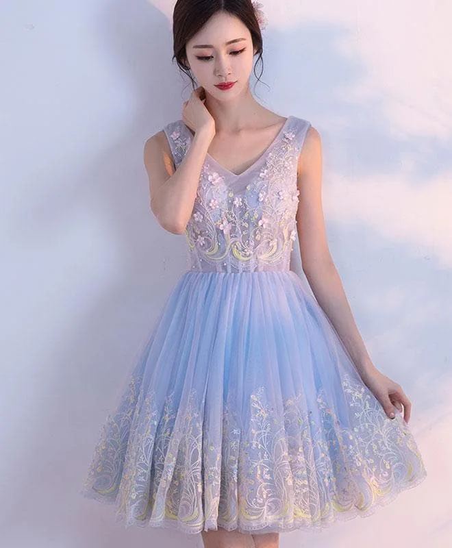 Cute Light Blue V Neck Tulle Short Prom Dresses