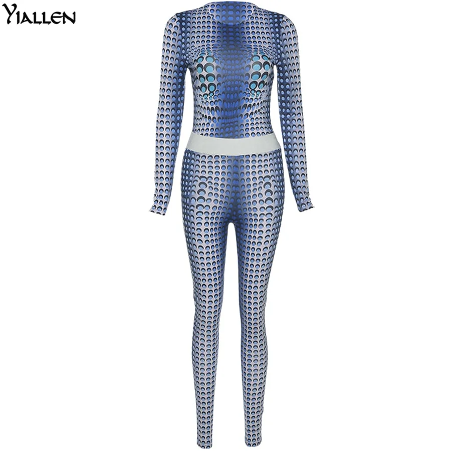 Yiallen Autumn Print 2 Piece Set Woman Long Sleeve Skinny Stretch Round Neck Top+Elastic Waist Skinny Pant High Street Wear Hot