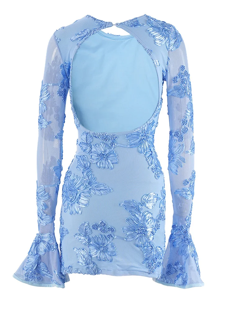 Women Long Sleeve Embroidered Glam Rose Pink Floral Backless Short Party Dress Elegant Party Mini Dresses