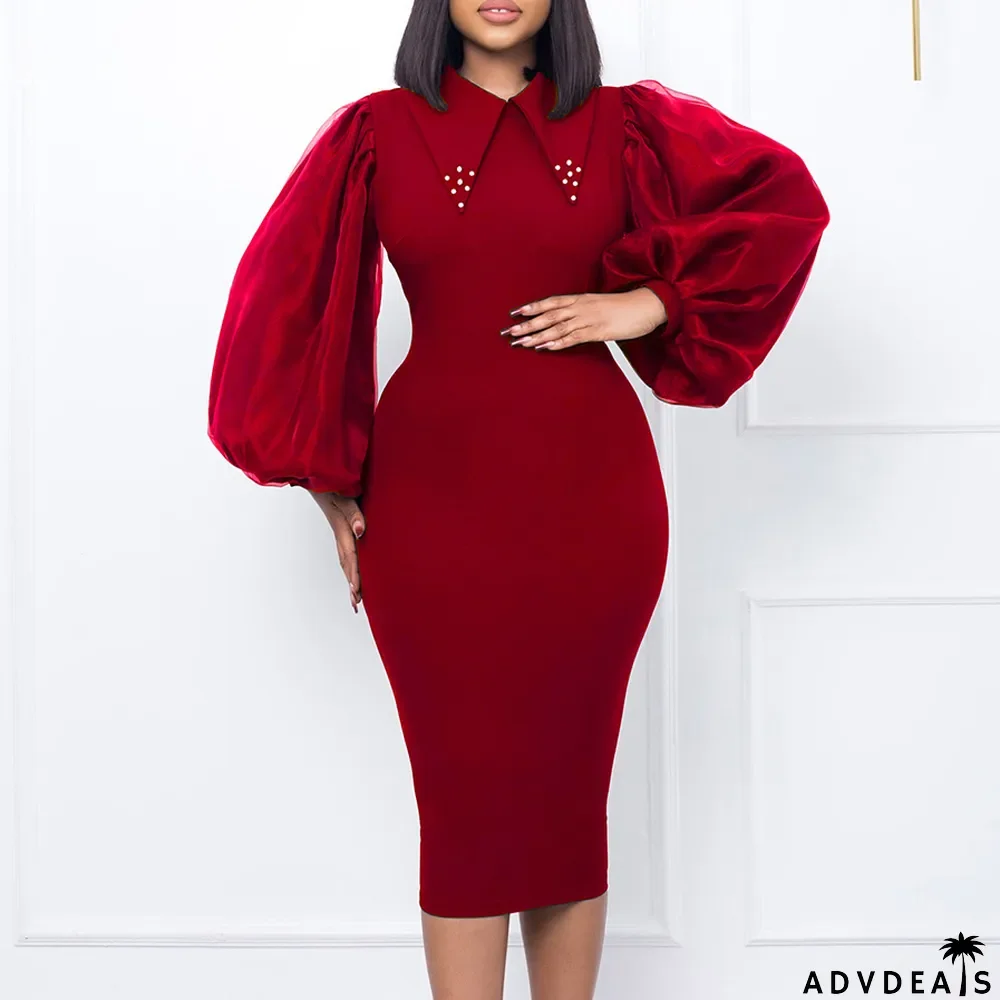 Women'S Spring Autumn Long Sleeve Plus Size Beaded Mesh Patchwork Career Bodycon Pencil Dress