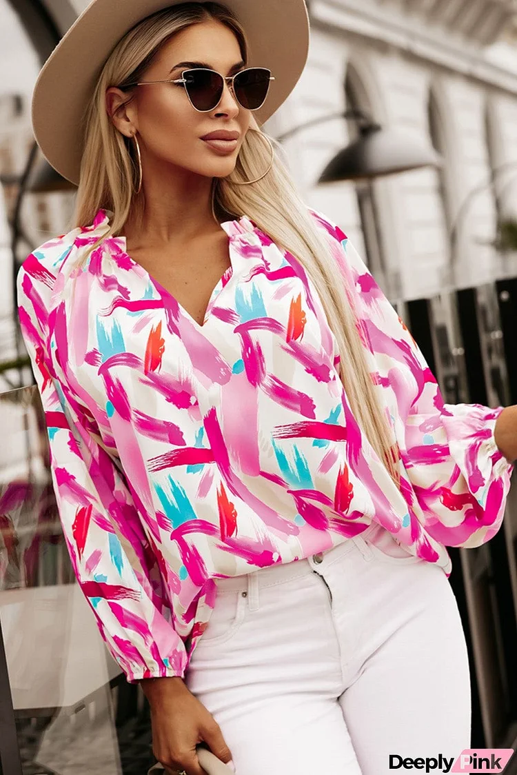 Printed V-Neck Balloon Sleeve Blouse