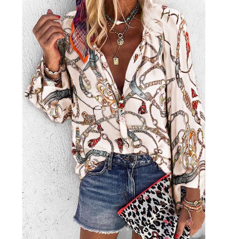 2020 New Design Plus Size Women Blouse V-neck Long Sleeve Chains Print Loose casual Shirts Womens Tops And Blouses