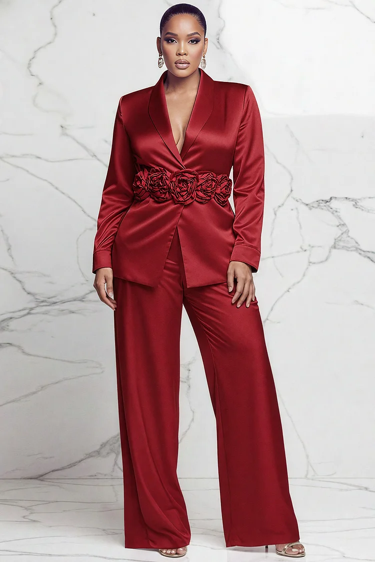 Xpluswear Design Plus Size Formal Red Turndown Collar Long Sleeve 3D Elegant Satin Two Piece Pant Suits [Pre-Order]