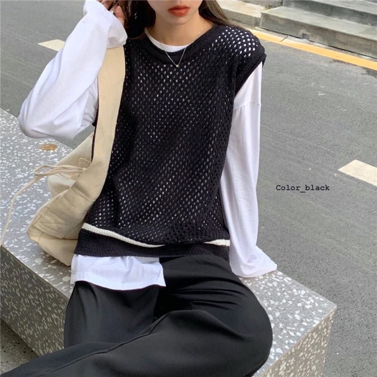 Sweater Vests Women Hollow Out Design Sleeveless Spring Students Solid Leisure Korean Basic O-neck Breathable Chic Outerwear Ins