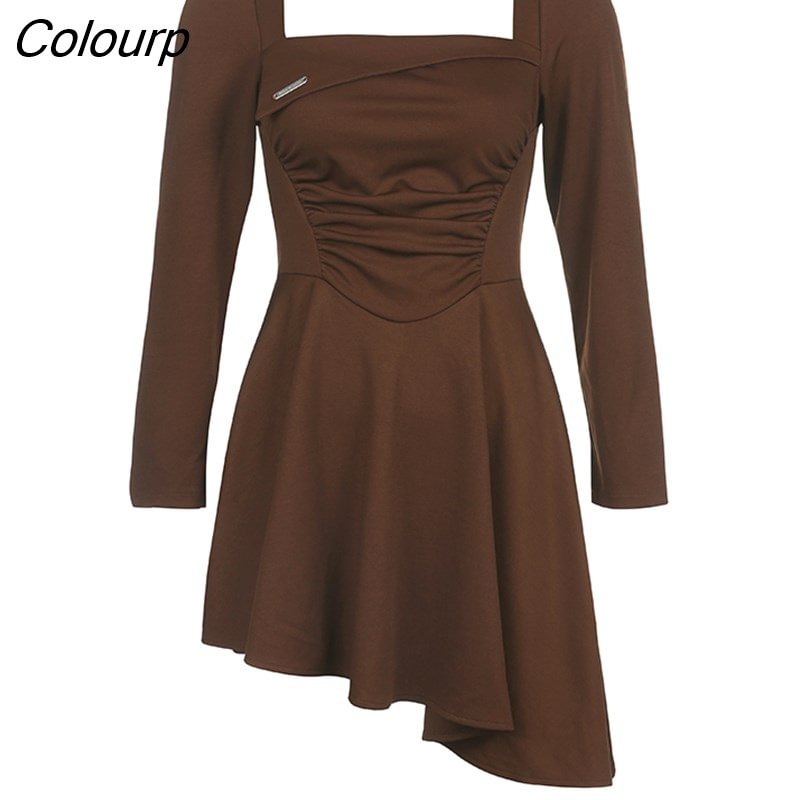 Colourp Korean Style Fold A-Line Dress Vintage Solid Square Collar Long Sleeve Pleated Mini Dresses For Women 2022 Autumn Winter