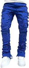 Conshvi Men's Slim Fit Stretch Jeans Distressed Patchwork Stacked Frayed Straight Leg Skinny Denim Pants