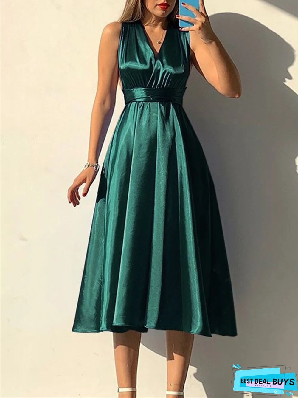 Solid Color Lace-Up V-Neck Sexy Backless Evening Dress