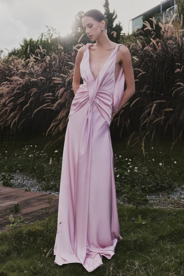Vlandiya - Pink V-Neck Prom Dress Satin Pleated Backless 3D Rose CY0281
