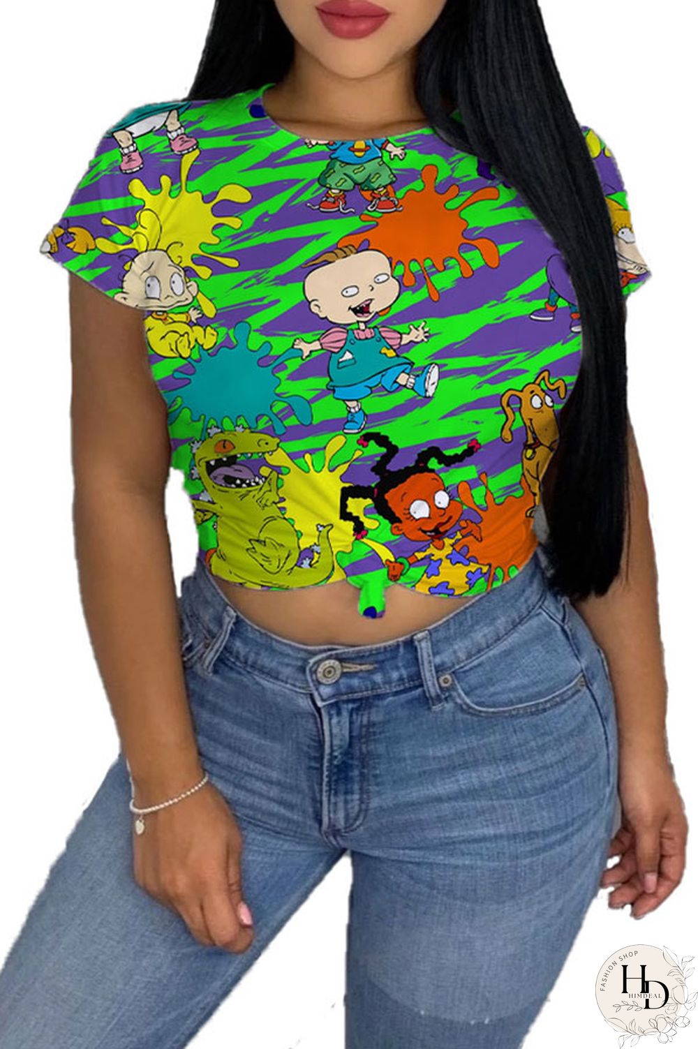 cartoon Green Yellow cartoon Multi-color purple Polyester O Neck Short Sleeve Patchwork Print Character Tops