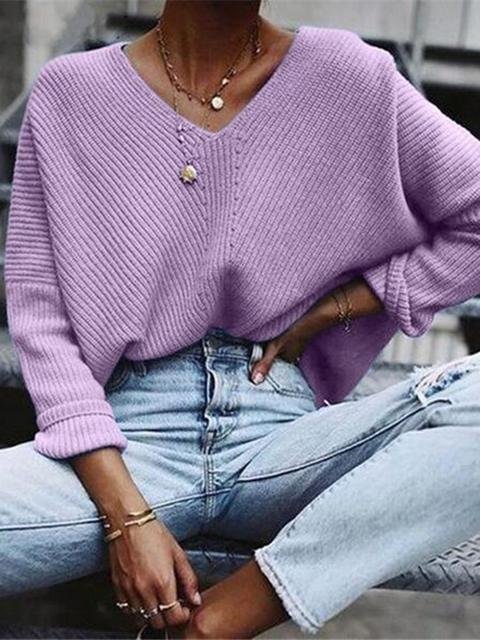 Solid V-neck Lightweight Sweater Pullover-elleschic