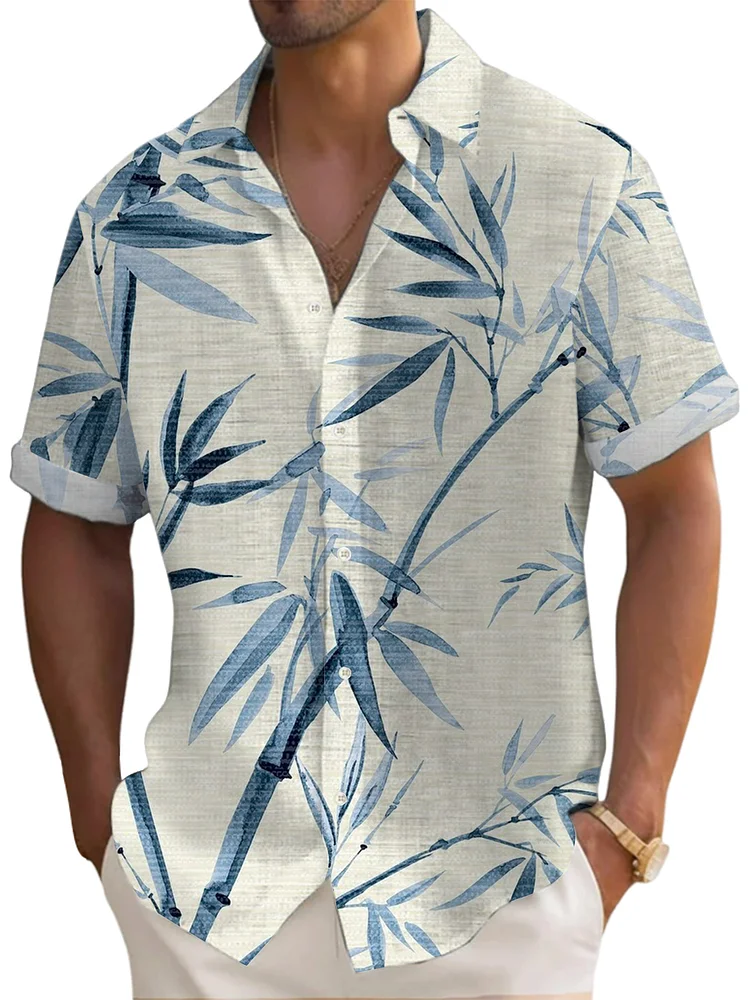 Men's Hawaiian Ink Bamboo Print Short Sleeve Shirt