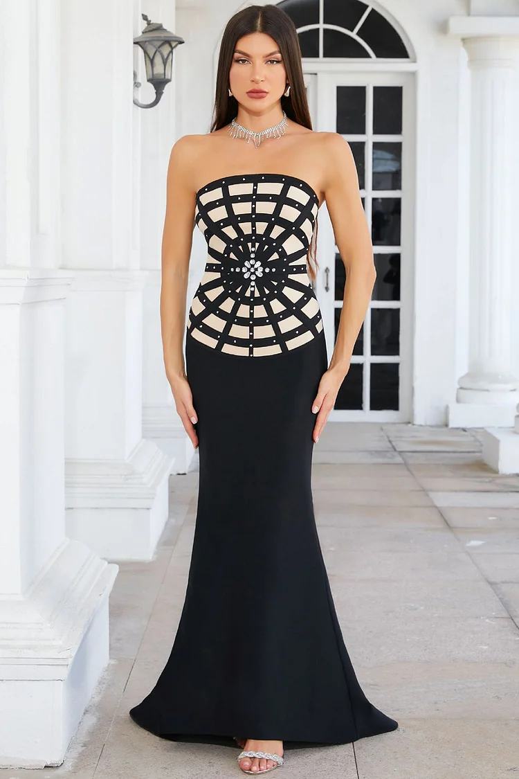 Geometric Pattern Rhinestone Embellished Strapless Mermaid Maxi Dress-Black