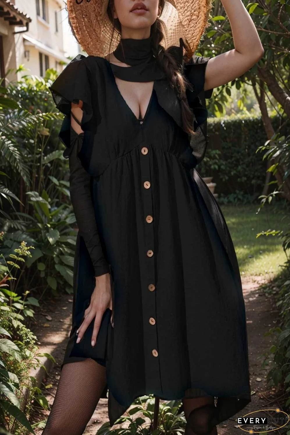 v neck button up all match fashion mini dress