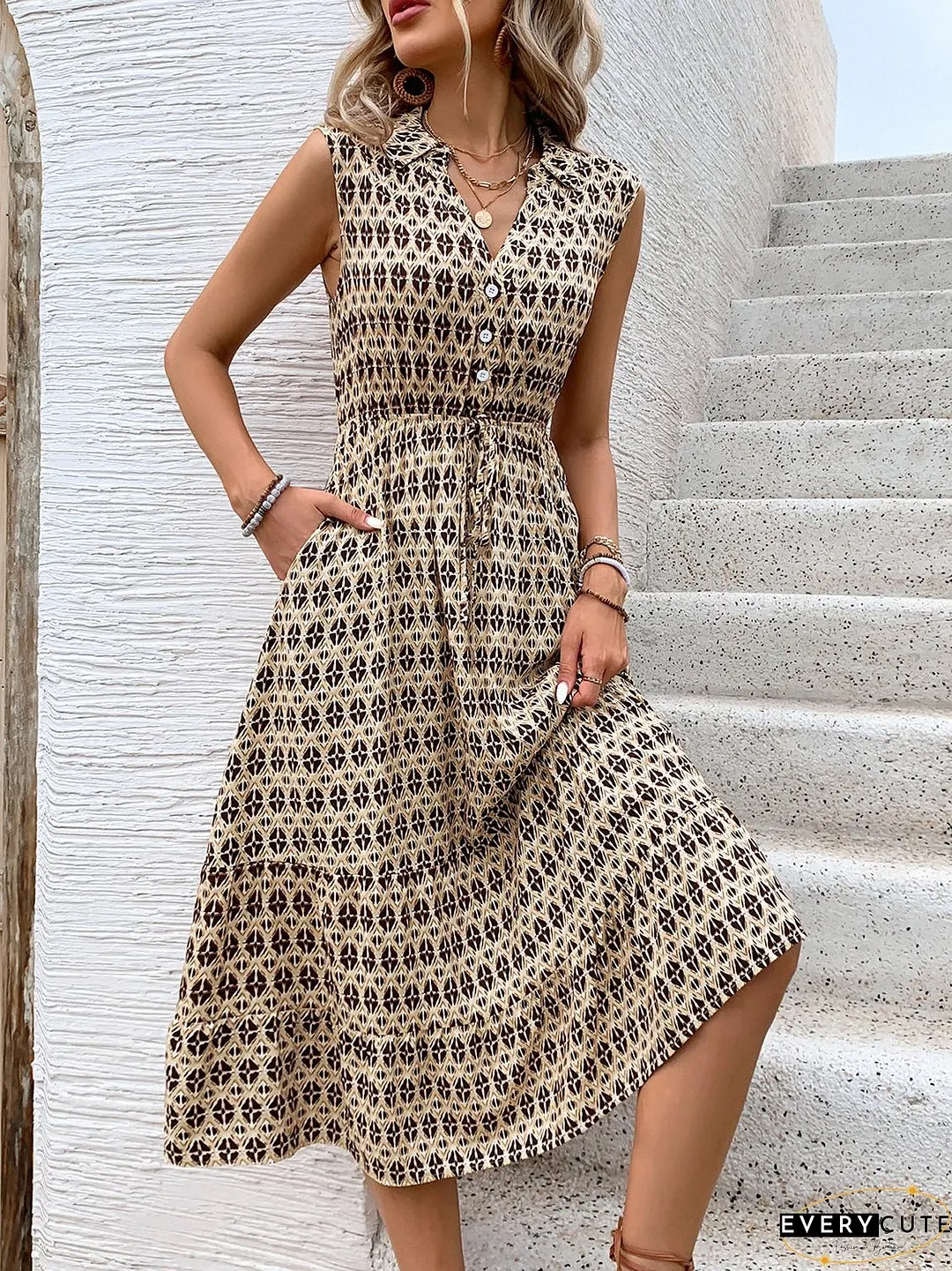 Printed Johnny Collar Midi Dress