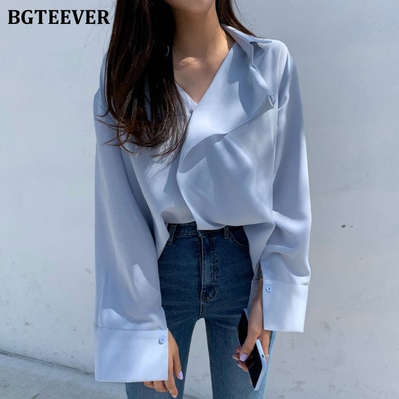 BGTEEVER Elegant Women Ruffles Shirts Casual Ladies V-neck Long Sleeve Blouses Tops 2021 Spring Summer Chiffon Blusas Mujer