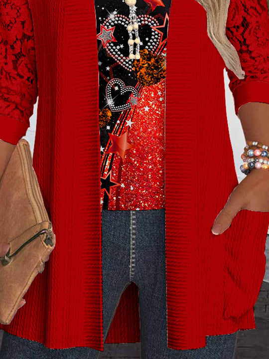 Women Long Sleeve Scoop Neck Love Printed Printed Graphic Pockets Lace Two-Pieced Tops