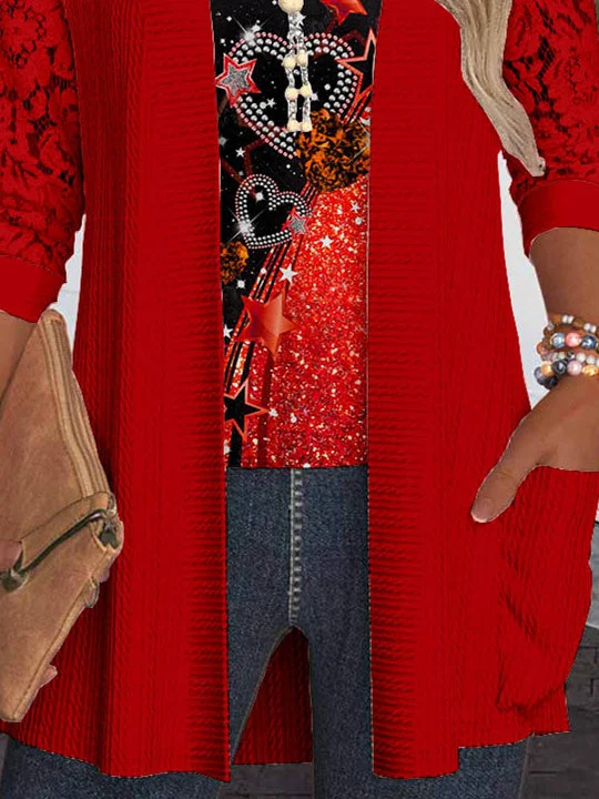 Women Long Sleeve Scoop Neck Love Printed Printed Graphic Pockets Lace Two-Pieced Tops