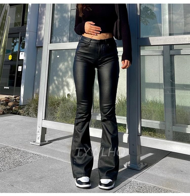 Fashion New Leather Pants Women Slim Wide-leg Adults High Waist Elastic PU Trousers with Pockets Female Y2k Streetwear 2022