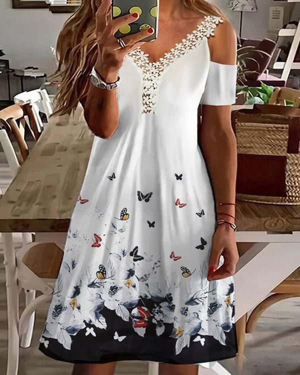Vacation Floral Butterfly Loosen V Neck Midi Short Dress