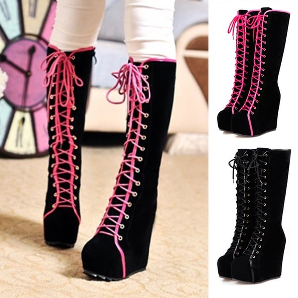 Autumn Winter Fashion Women Punk Rock Goth High Platform Wedge Heels Faux Suede Lace Up Fahsion Knee High Boots - Life is Beautiful for You - SheChoic