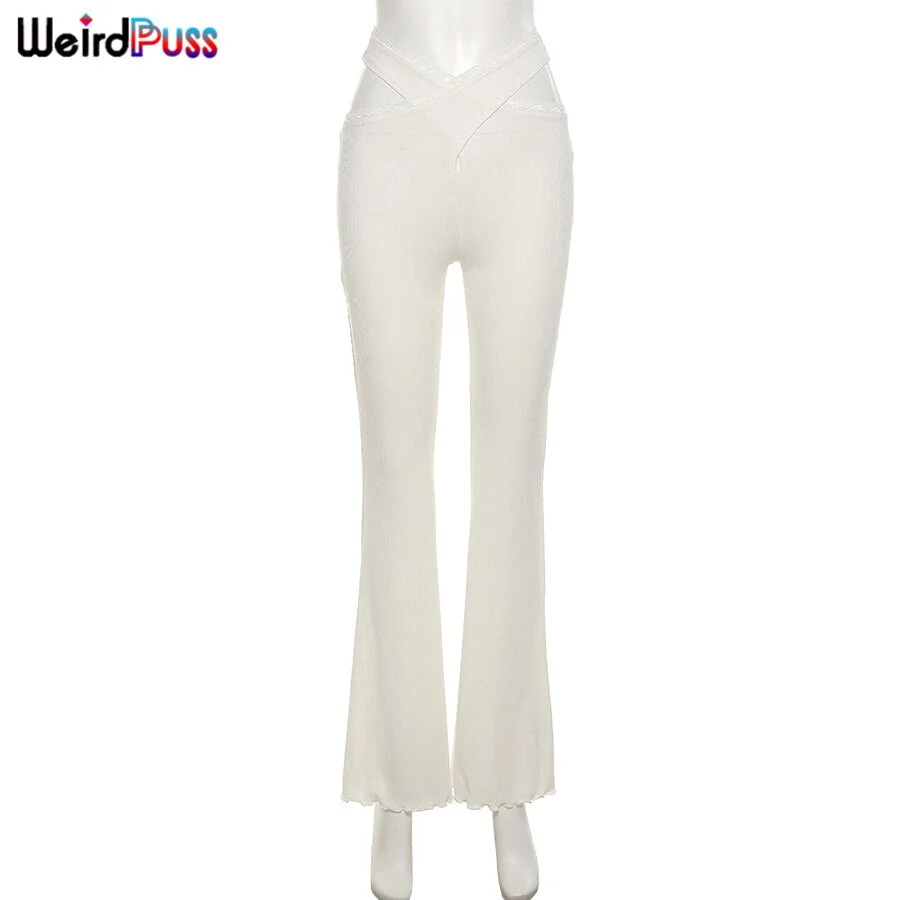 Weird Puss Bandage Cross Y2K Flare Pants Women Ribbed Skinny Stretchy Heart Pocket Elegant Streetwear Casual Wild Long Trousers