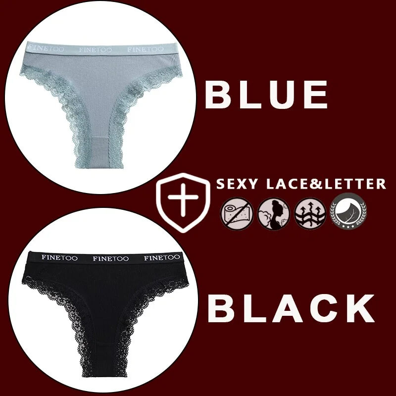 FINETOO 2PCS/Set Women's Cotton Panties Girls Letter Thongs Brazilian Pantys Sexy Lace Underwear For Woman Lingerie Bikini Panty