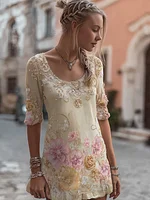 Bohemian Style Floral Pattern Design Women's Round Neck Dress