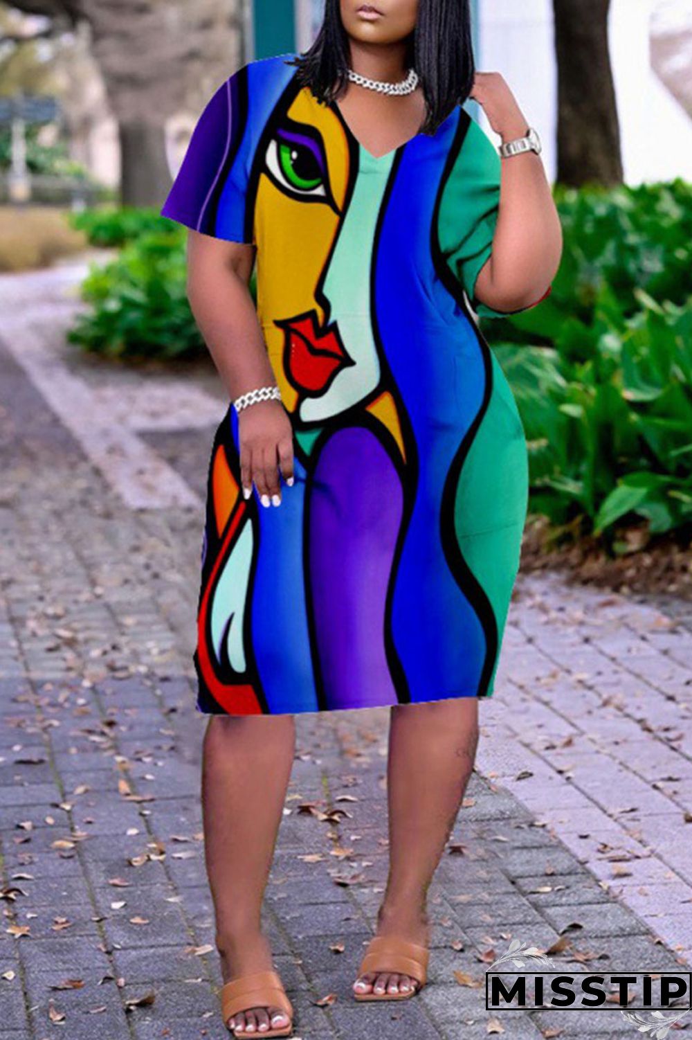 Black Green Casual Print Patchwork V Neck Straight Dresses