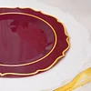 10 Pack | 8" Burgundy Plastic Dessert Salad Plates, Disposable Tableware Round With Gold Scalloped Rim