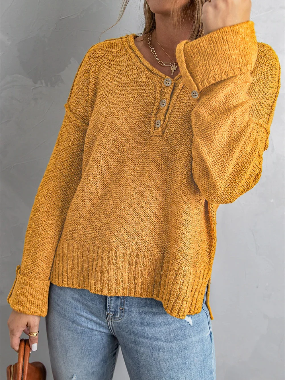 Women Long Sleeve V-neck Soild Button Knit Sweaters Tops