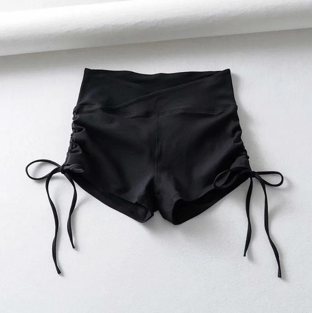 Summer high waist stretch tight super shorts female gym sports shorts drawstring lace shorts ins up to the same paragraph