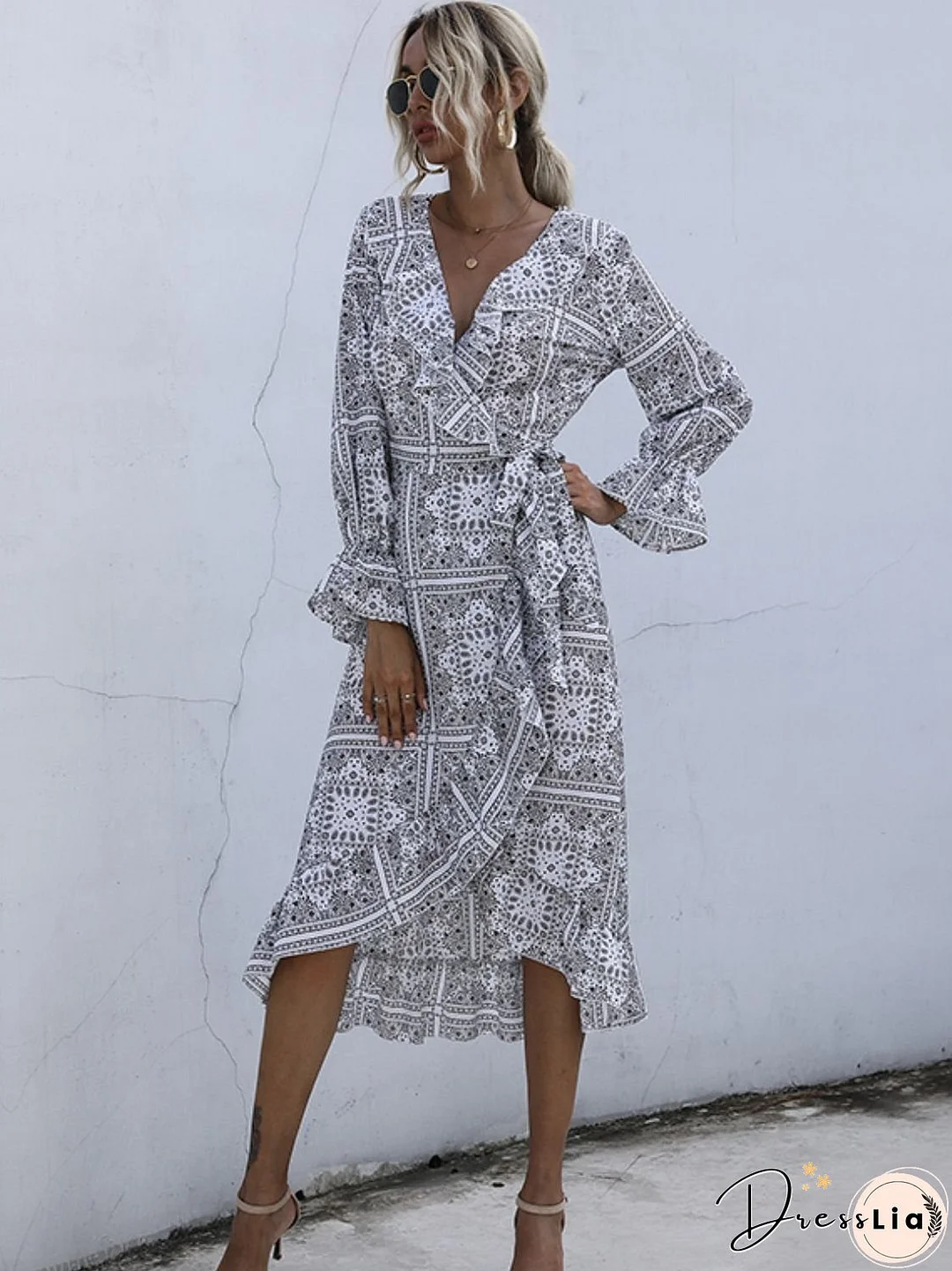 Perfee Ruffled Slit Surplice Long Sleeve Dress