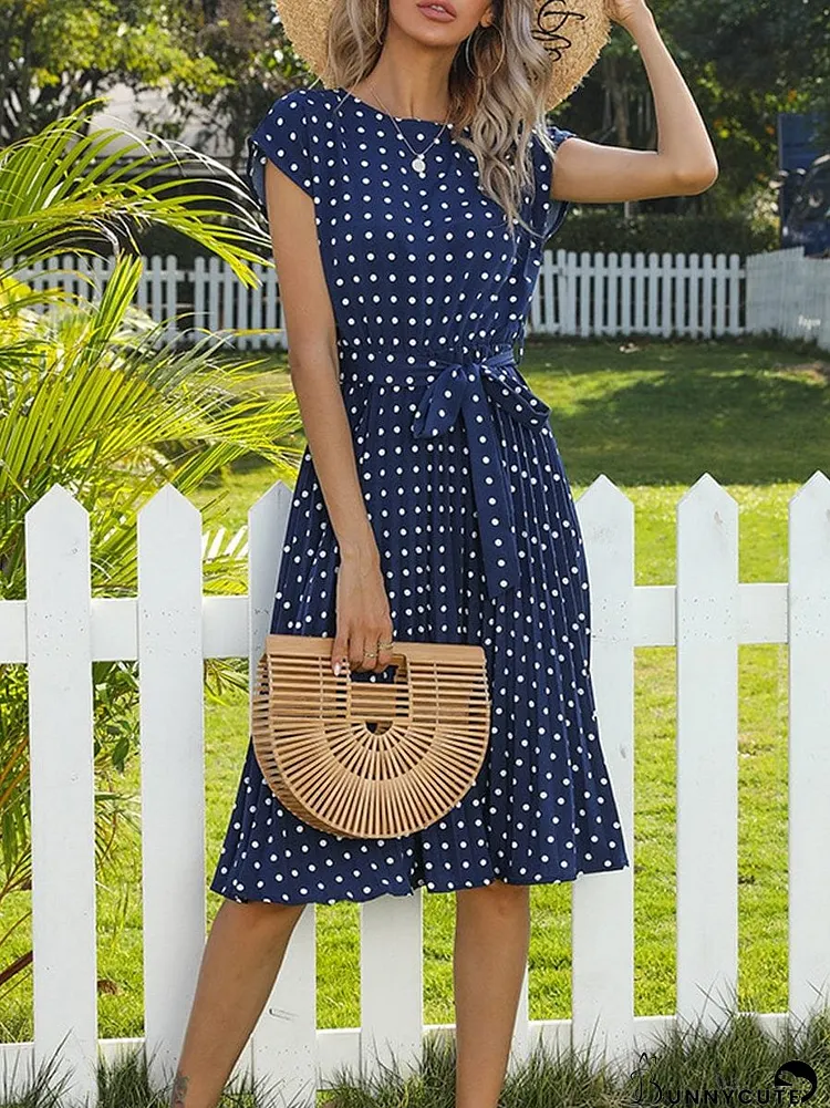 Polka Dot Print Midi Dress with Self-Tie Belt