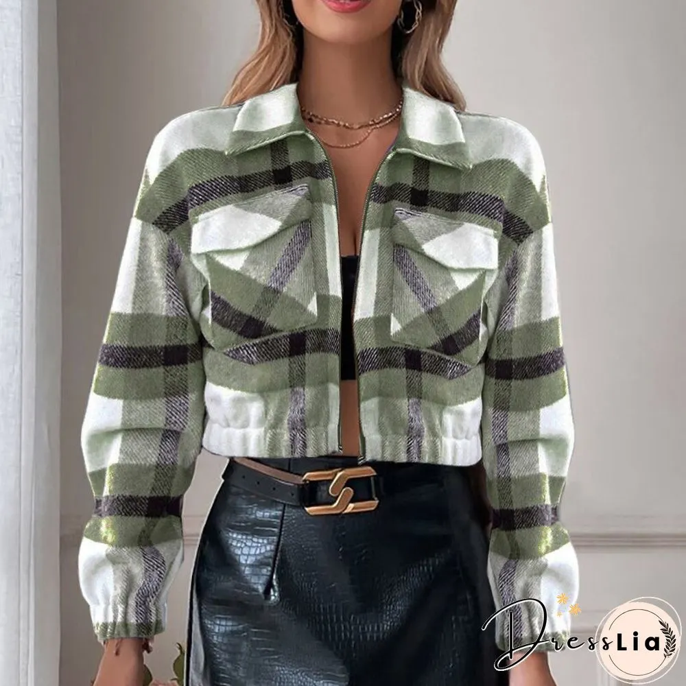 Casual Women Long Sleeve Lapel Zipper Short Jacket Fashion Plaid Printed Ladies Autumn