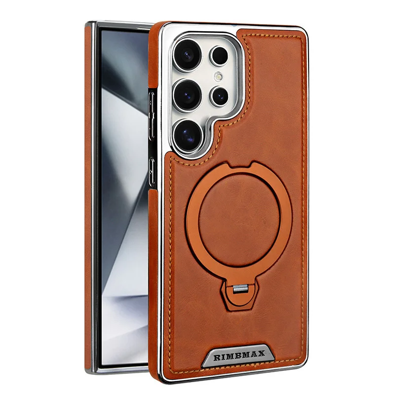 Samsung S25Ultra mobile phone case 360 ​​degree rotating magnetic bracket high-end leather grain