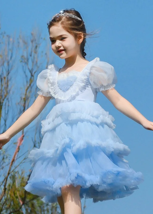 Art Blue O-Neck Ruffled Tulle Kids Girls Maxi Dresses Short Sleeve