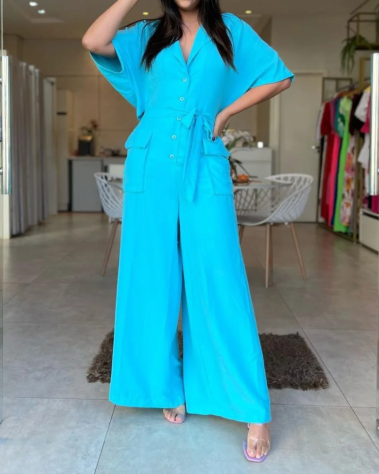 Lapel Cutout Solid Color Jumpsuit