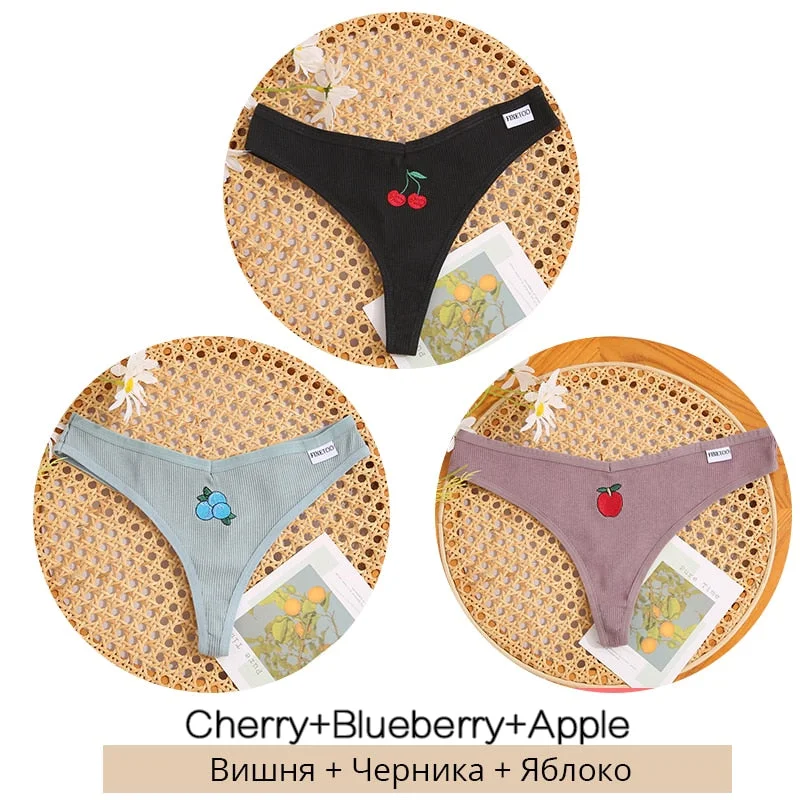 FINETOO 3Pcs/set Cotton Thongs Women Fruit Embroidery G-string Panties M-XL Low Waist T-back Underpants Ladies Underwear Panty