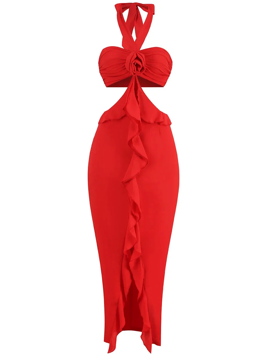 Toloer Red Flower Ruffles Halter Maxi Dress-Outfit Ideas