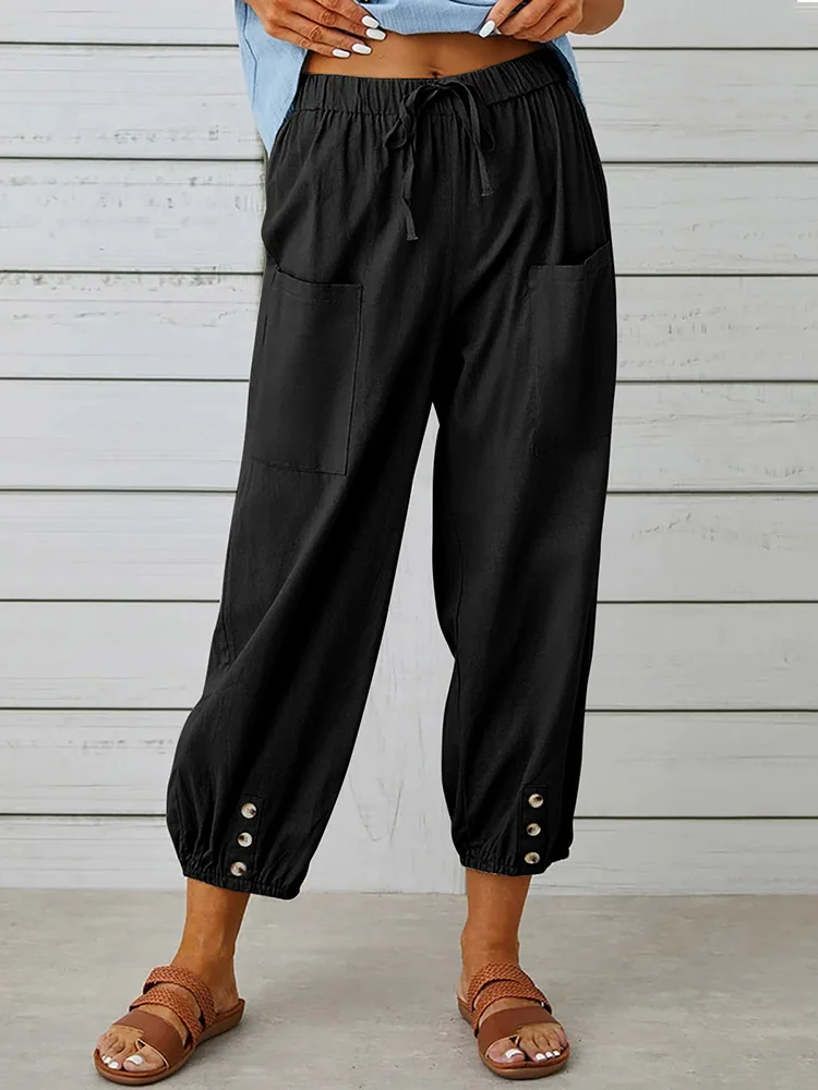Loose-Fitting High-Waist Buttoned Nine-Point Cotton And Linen Pants