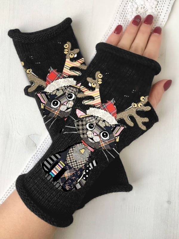 Christmas vintage printed knitted warm gloves