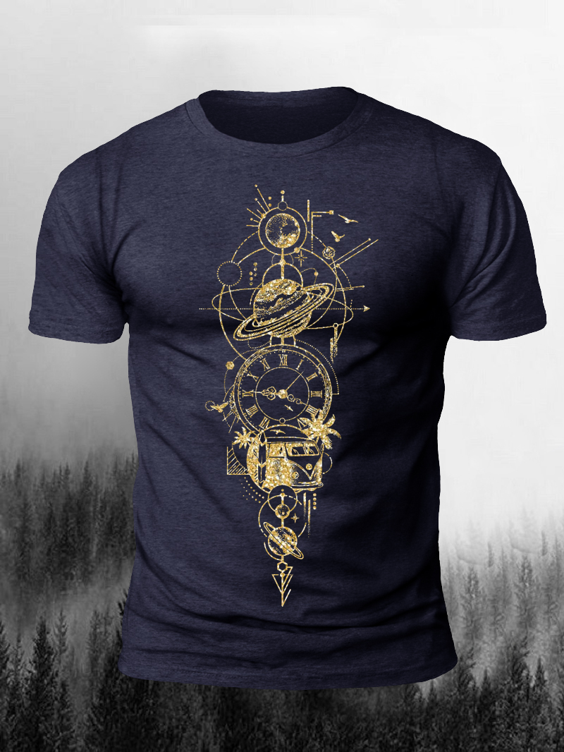 Golden Geometric Tight Planet Time Print T-Shirt