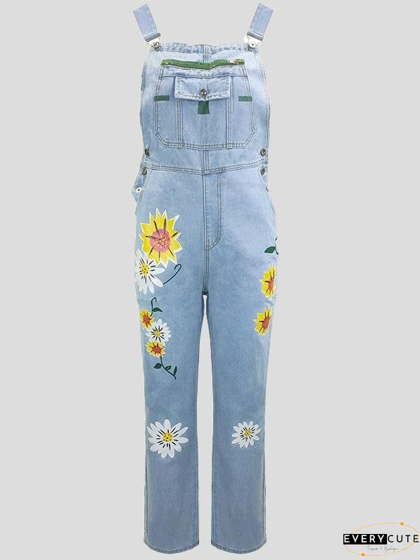 Jumpsuits Printed Pattern Pockets Denim Jumpsuit for Women