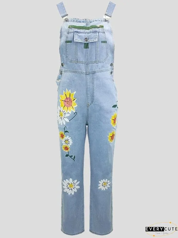 Jumpsuits Printed Pattern Pockets Denim Jumpsuit for Women
