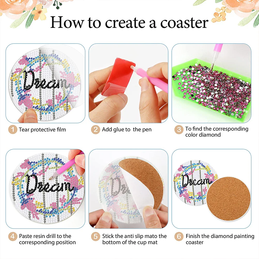 8pcs DIY English Letters Diamond Painting Coasters Kits Acrylic Full Drill Coaster Single Side Diamond