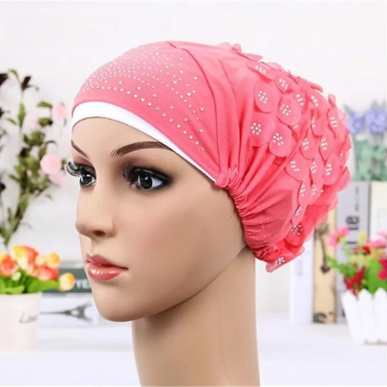 Women's Sequins Flowers Muslim Turban Hat Cap