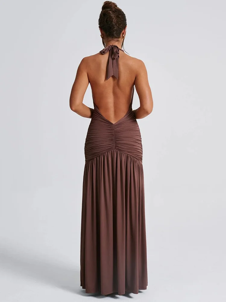 Halter Deep V Neck Backless Maxi Dress Fashion Solid Sleeveless Thigh High Split Sexy Long Dress