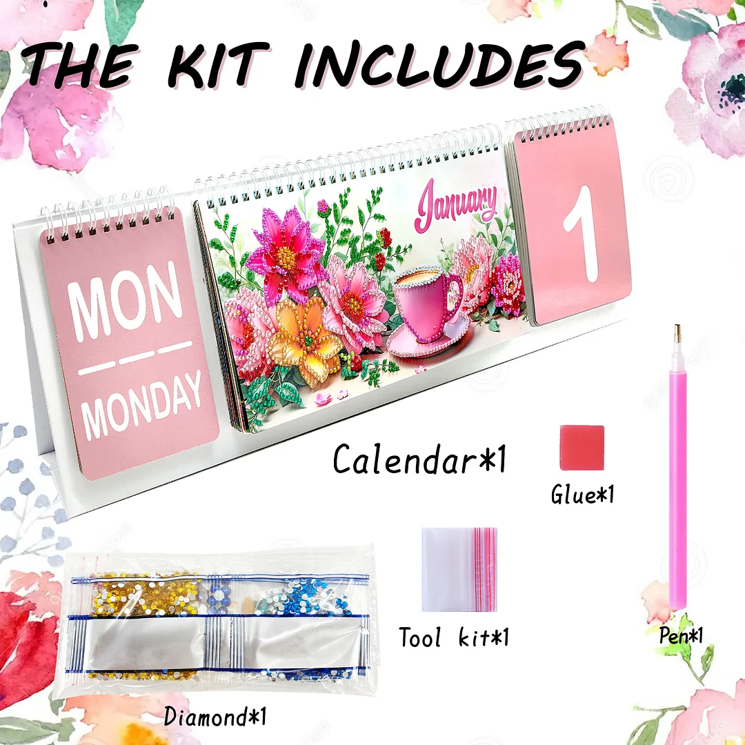 2026 Pink Flower DIY Diamond Art Painting Desk Calendar Special Shaped Drill Monthly Flip Tabletop Calendar Kit for Adults Beginners Gift Home Office Decor