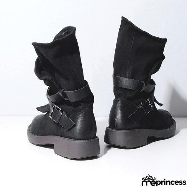 Women's Plus Size Adjustable Buckle Mid-Calf Motorcycle Boots
